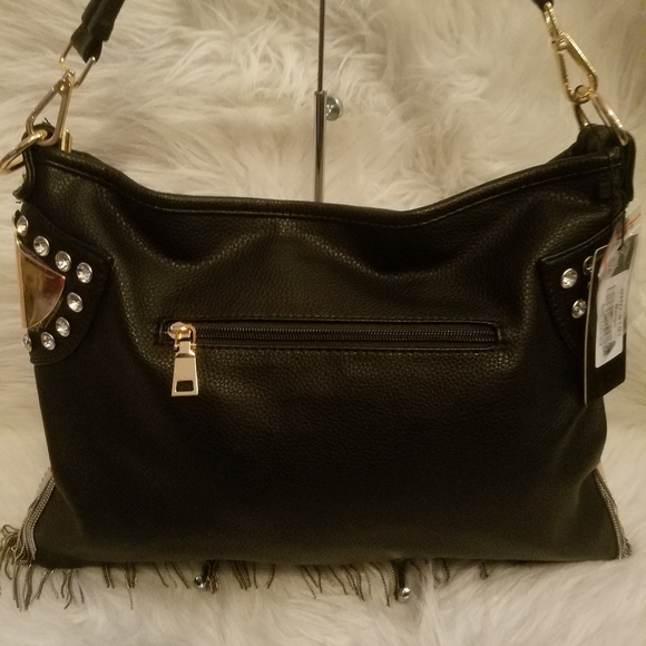 BEIGE AND BLACK SPARKLING FRINGE PLAID PRINT SHOULDER BAG - Picture 5 of 11